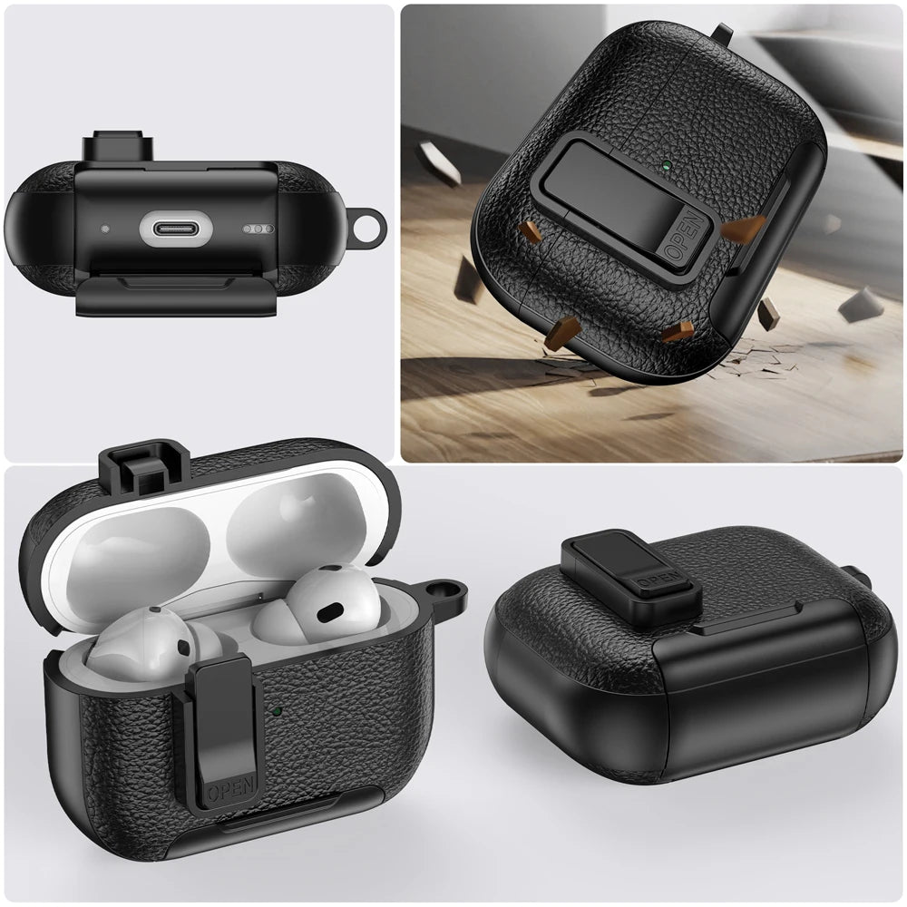 AirPods Pro 3 Case with Lock & Stand Leather Texture Shockproof Protective Cover Keychain Sleeve