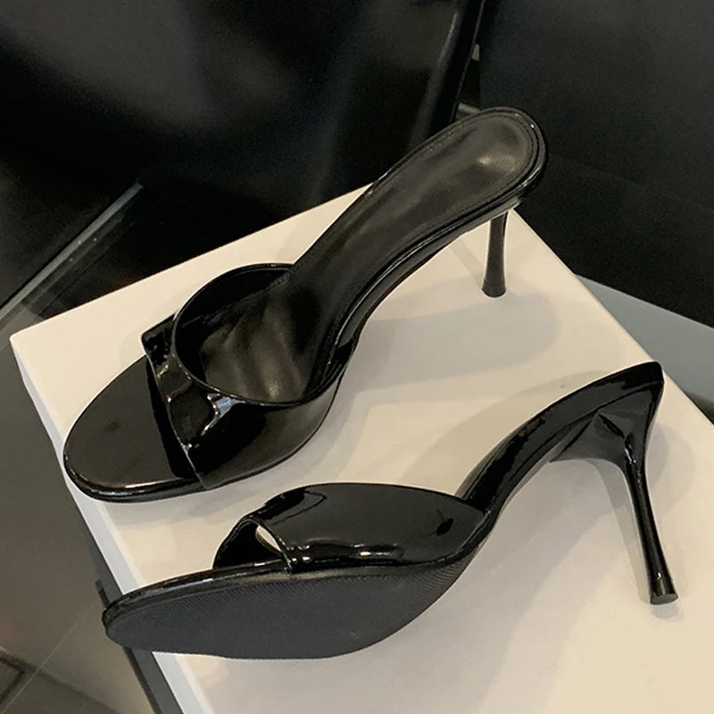 Wine Red Patent Leather Mule Heels for Women Open Toe Sandals