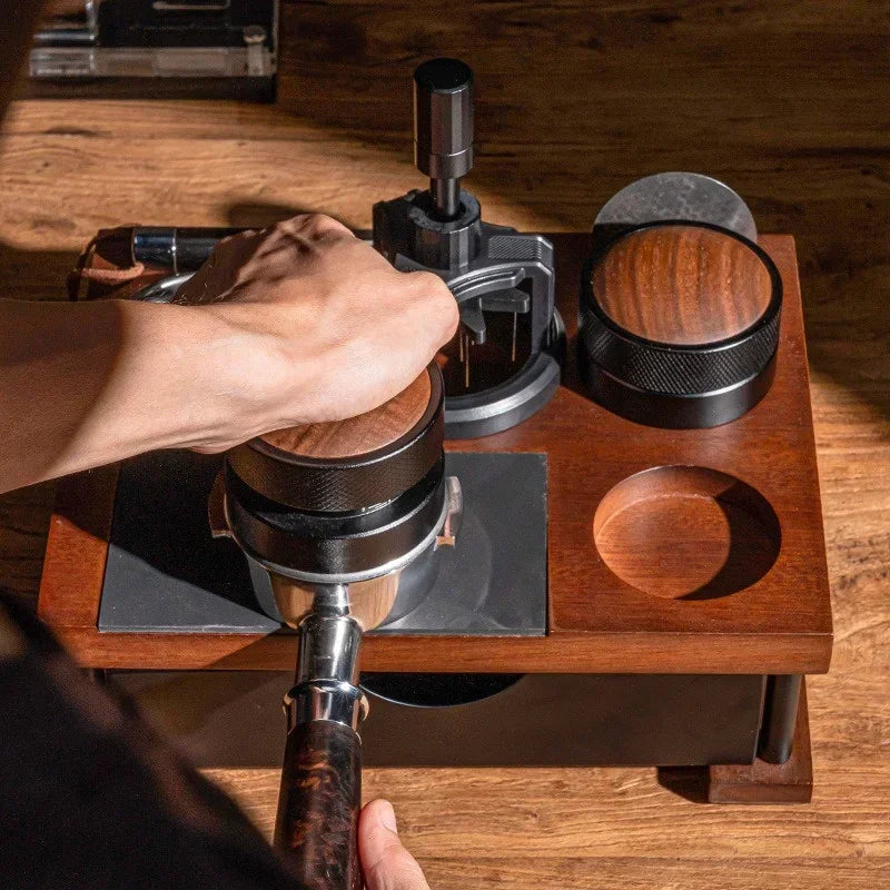Coffee Tamper Station with Knock Box Wooden Organizer for 51 58mm Portafilter