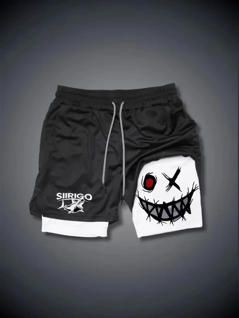 Men 2-in-1 Smiley Print Running Shorts Quick Dry Double Layer Fitness Training Sports Shorts