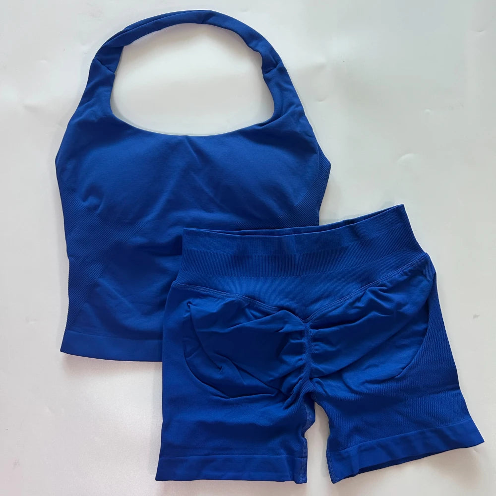 Yoga Set Women Seamless Tank Top High Waist Scrunch Shorts Gym Workout Set