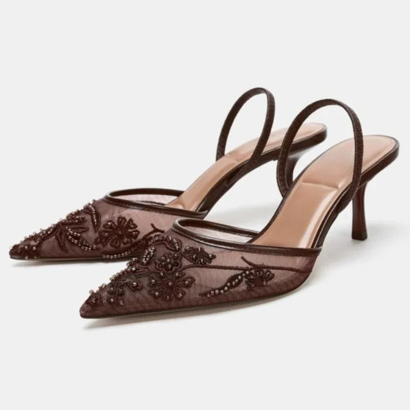 Women Mesh Pointed Toe High Heels Elegant Beaded Pumps Summer Sandals