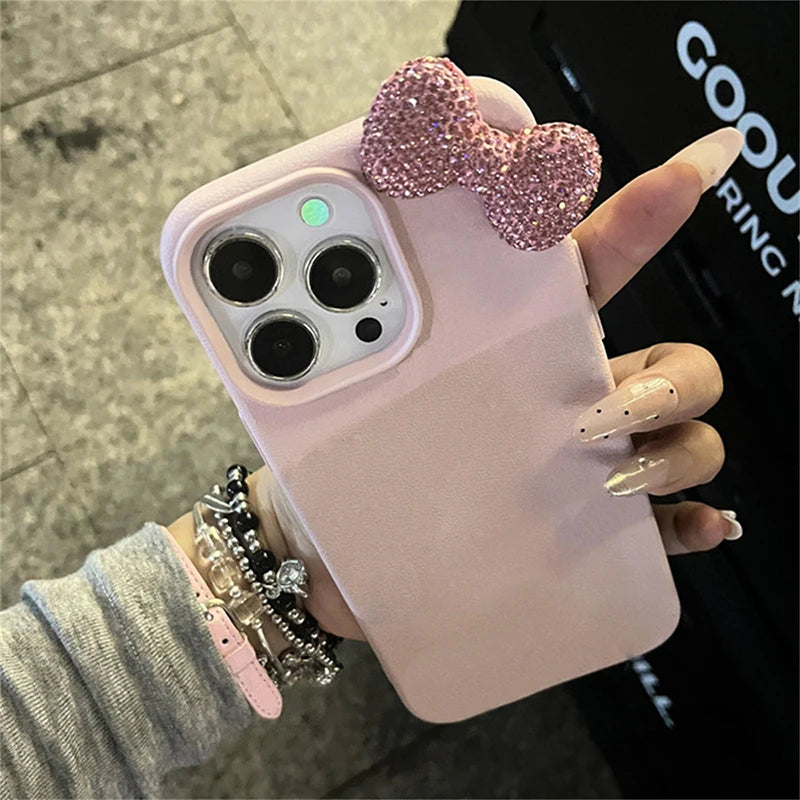 Rhinestone Bow Litchi Leather Shockproof iPhone Case