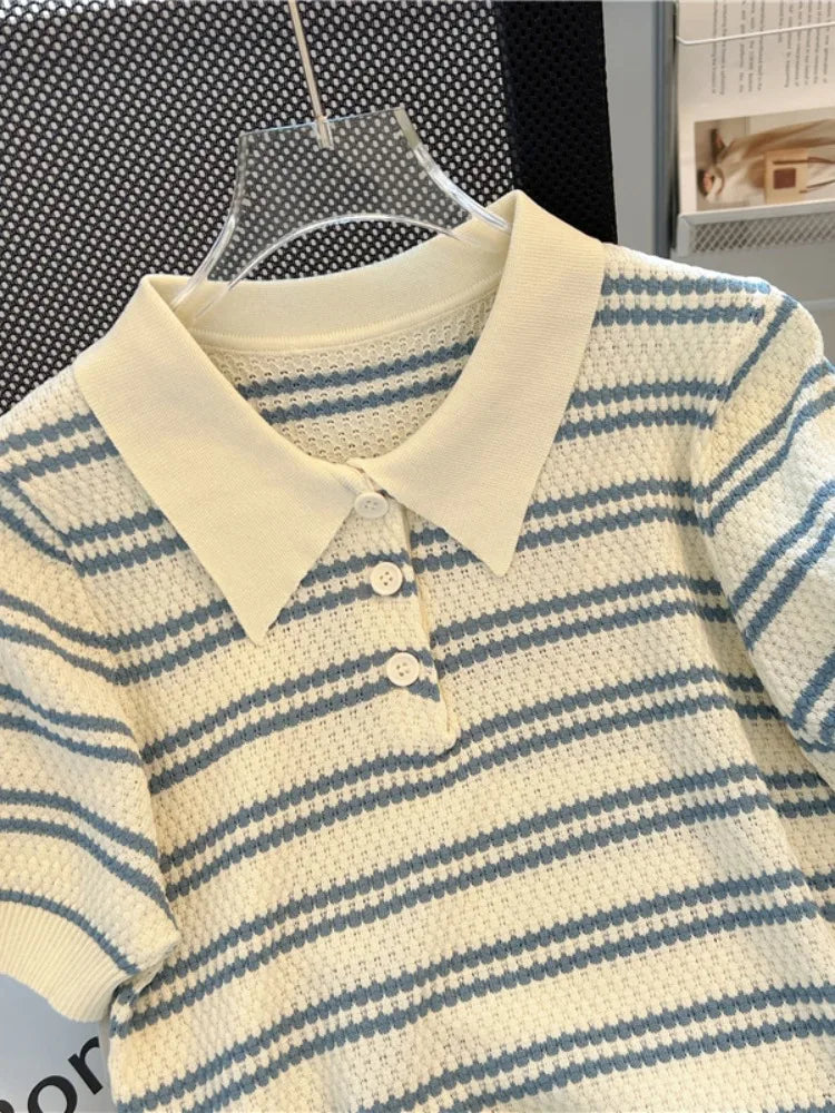 Women Striped Polo Knit T Shirt Short Sleeve Slim Fit Top