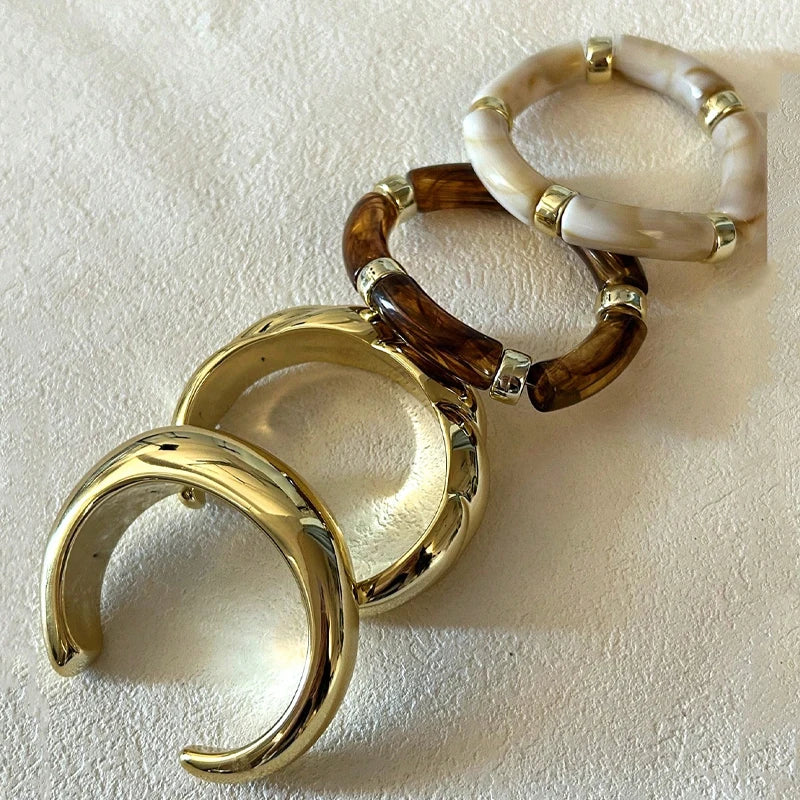 4pcs Resin Bangle Set Brown Vintage Elastic Bracelets for Women Gold Tone