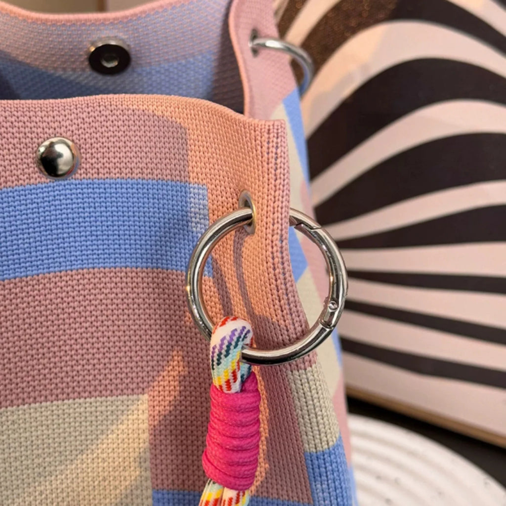 Multicolor Knit Bucket Bag Retro Color Block Handbag