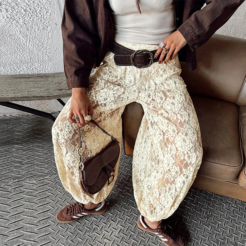 Bohemian Lace High Waist Wide Leg Pants for Women Loose Fit Lounge Trousers
