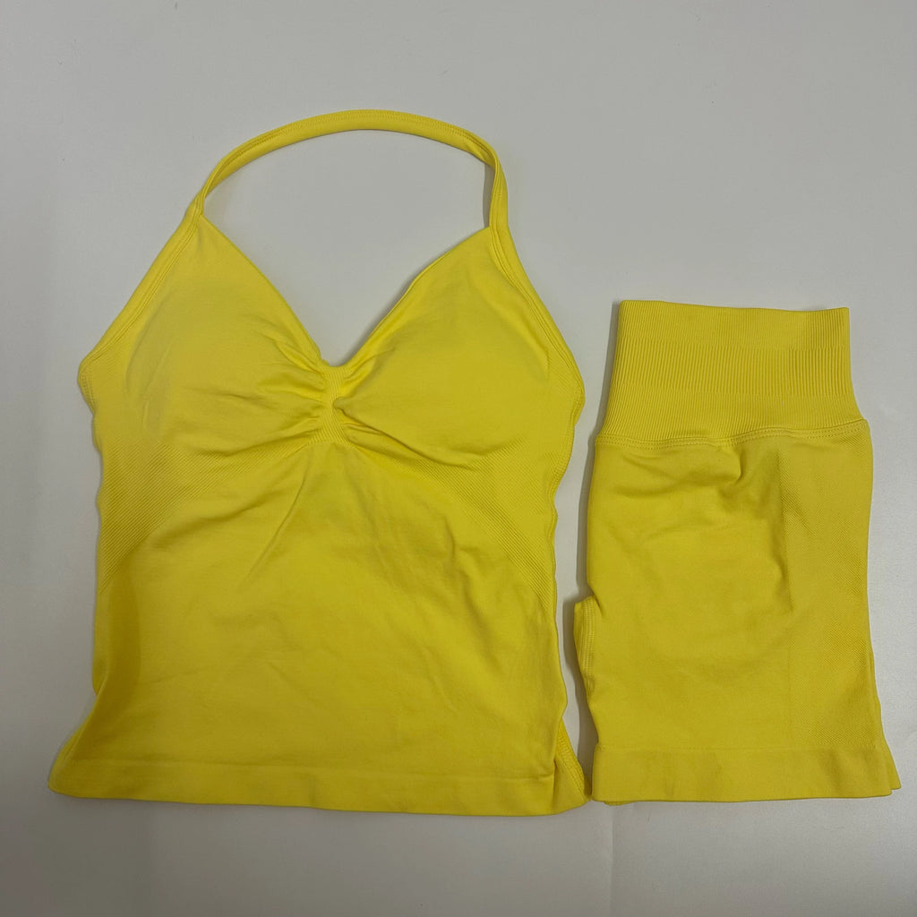Seamless Yoga Set Women Strappy Tank Top Scrunch Shorts Gym Workout Outfit
