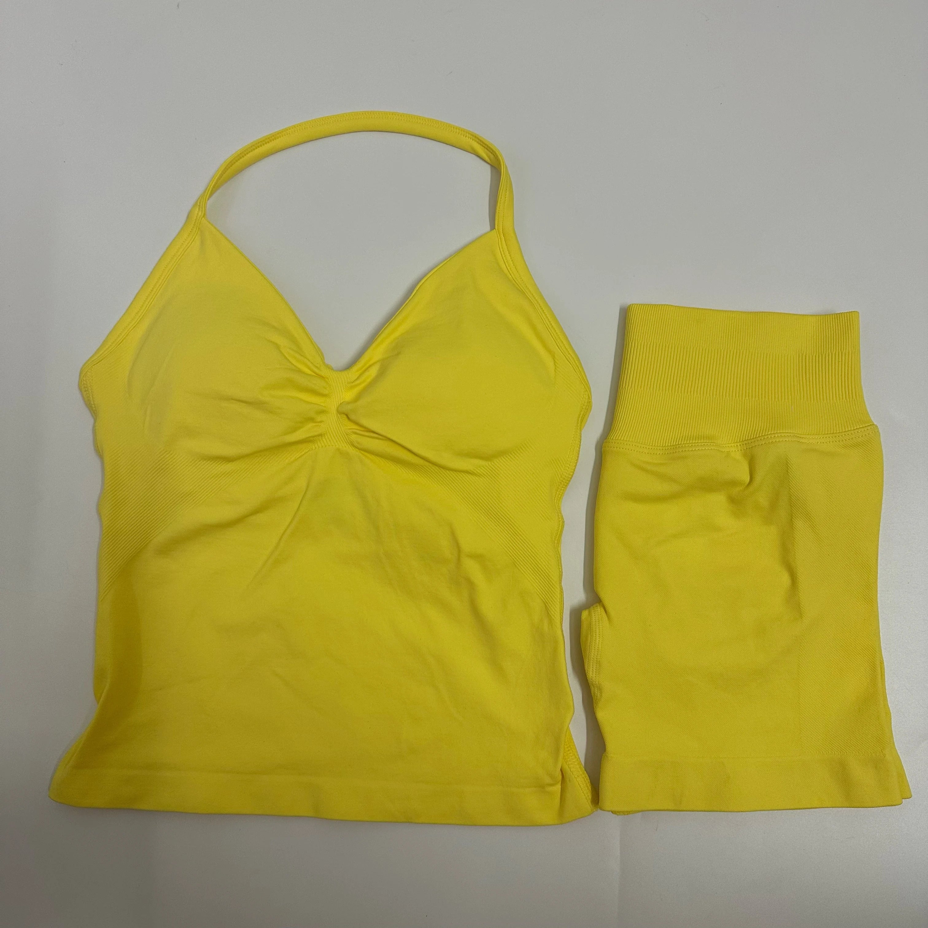 Seamless Yoga Set Women Strappy Tank Top Scrunch Shorts Gym Workout Outfit