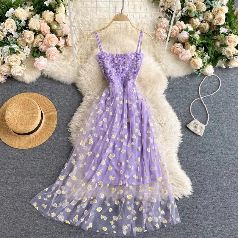 Women Floral Mesh Dress Spaghetti Strap Party Beach Vacation Dress 2026