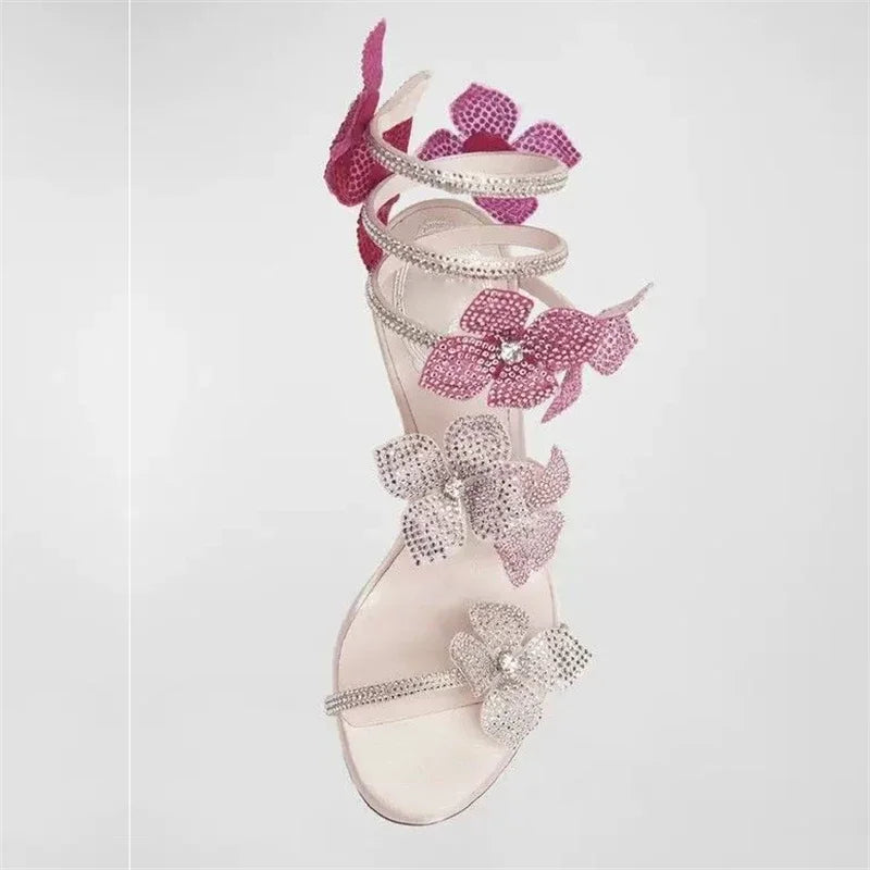 Women Crystal Flower High Heel Sandals Ankle Strap Thin Party Shoes
