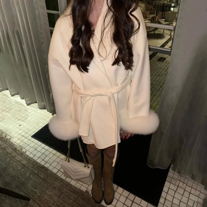 Women Wool Coat Faux Fur Collar Short Double Sided Elegant Jacket