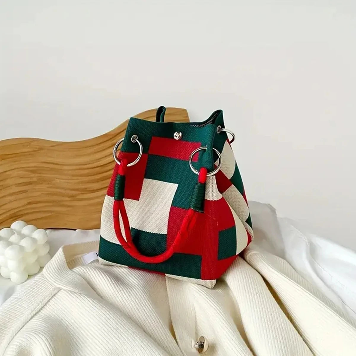 Multicolor Knit Bucket Bag Retro Color Block Handbag
