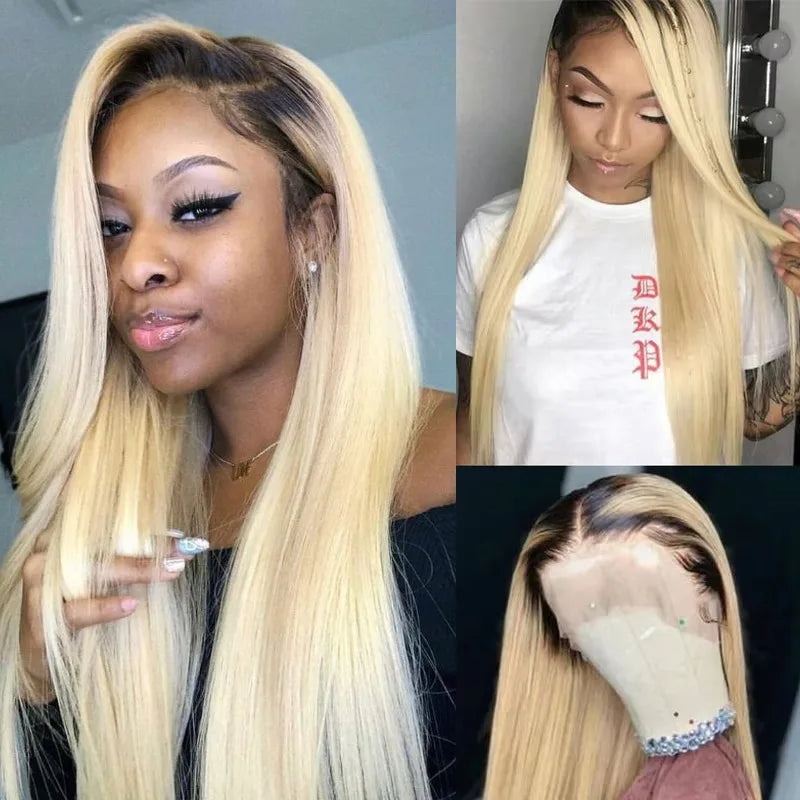 Ombre Blonde Straight Human Hair Wig – 1B/613 HD Lace Front Wig for Women