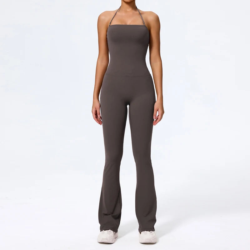 Women Sleeveless Yoga Jumpsuit Backless Flared Gym Sportswear Outfit