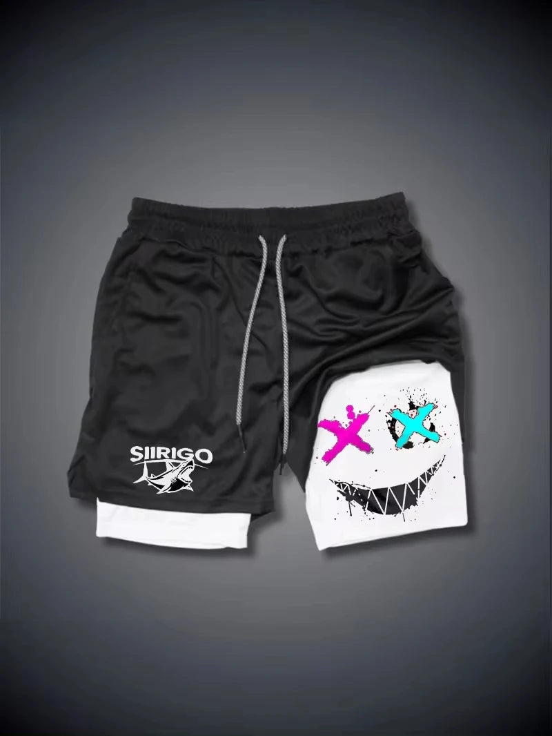 Men 2-in-1 Smiley Print Running Shorts Quick Dry Double Layer Fitness Training Sports Shorts