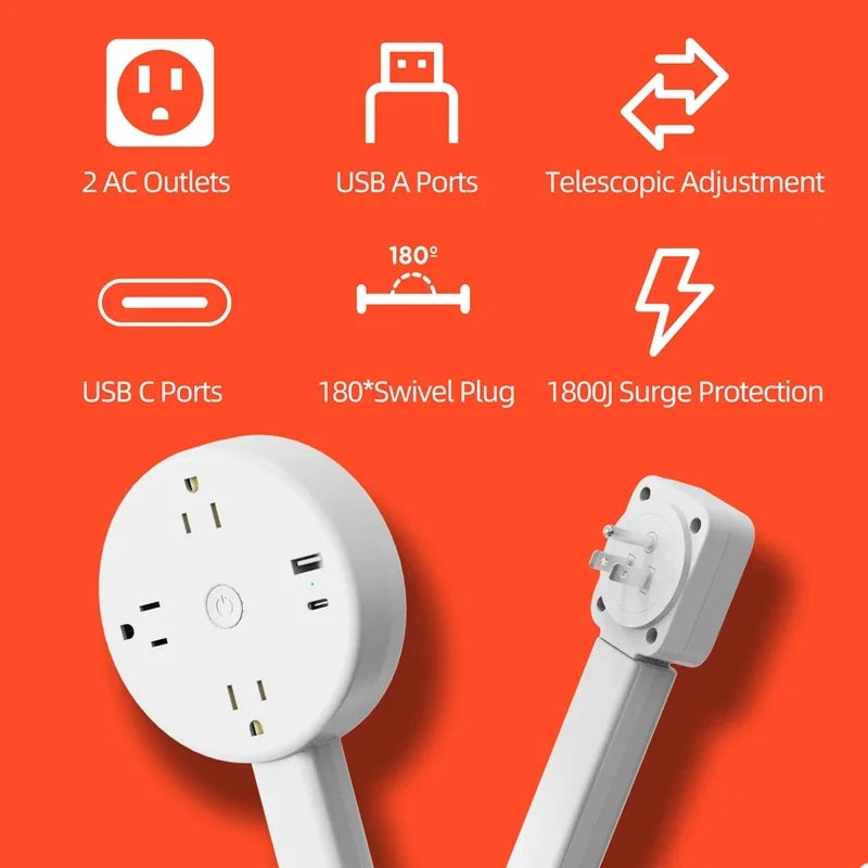 Rotating Power Outlet Extender Adjustable Wall Plug Socket for Nightstand