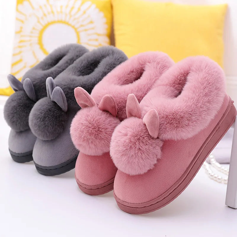 Winter Plush Slippers Thick Sole Couple Indoor Faux Rabbit Fur Closed Back House Shoes