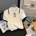 Women Ice Silk Knitted Polo Shirt Short Sleeve Summer Fashion Chic Top
