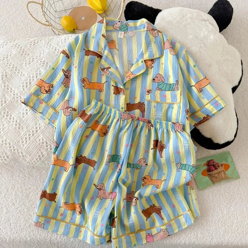 Women Kawaii Dog Print Pajama Set Y2K Lapel Neck Cute Homewear Summer