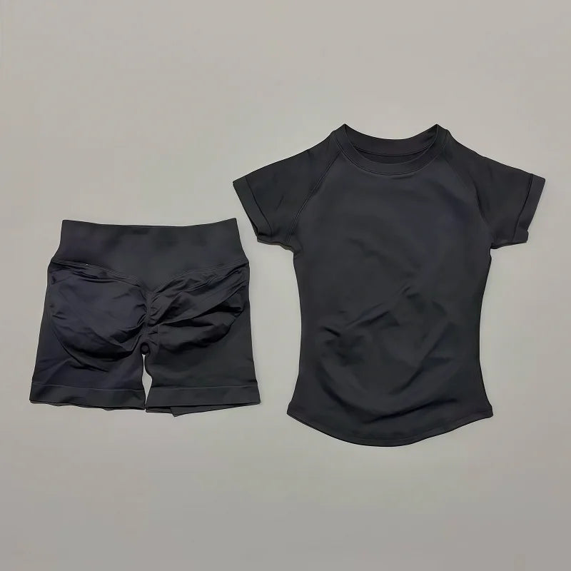 Women 2 Piece Gym Set Seamless Workout Outfit Shorts & Top Fitness Yoga Set