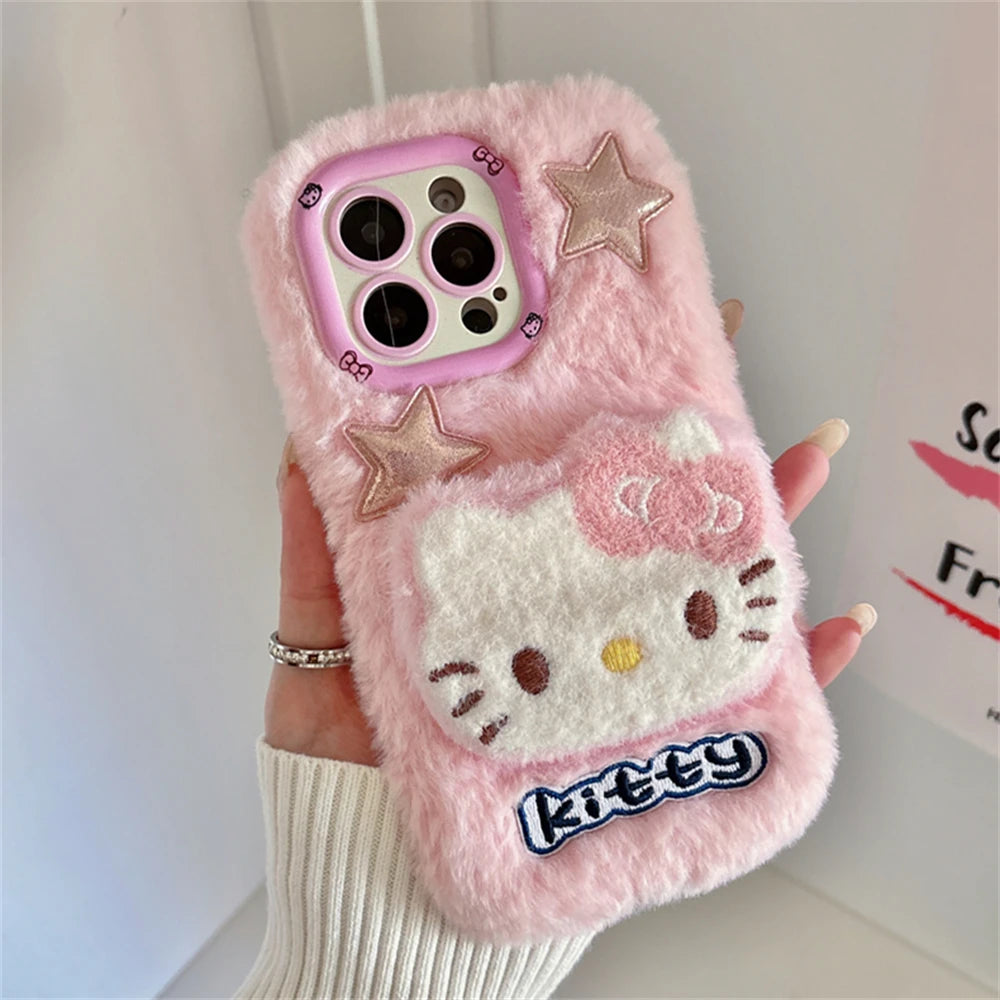 Camera Holder Shockproof Cute Fluffy Hello Kitty iPhone Case
