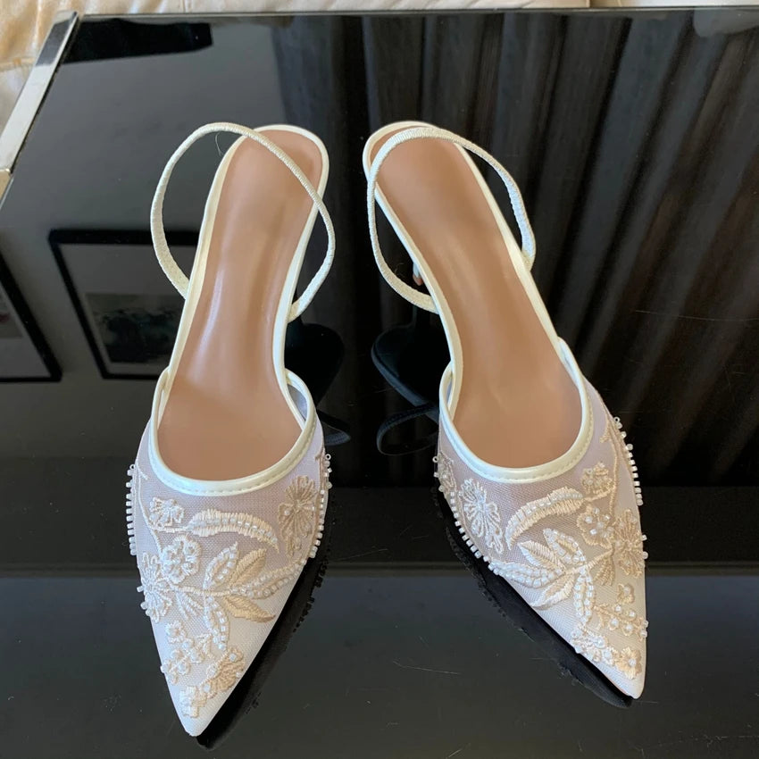 Women White Slingback High Heels Mesh Embroidered Floral Wedding Dress Shoes