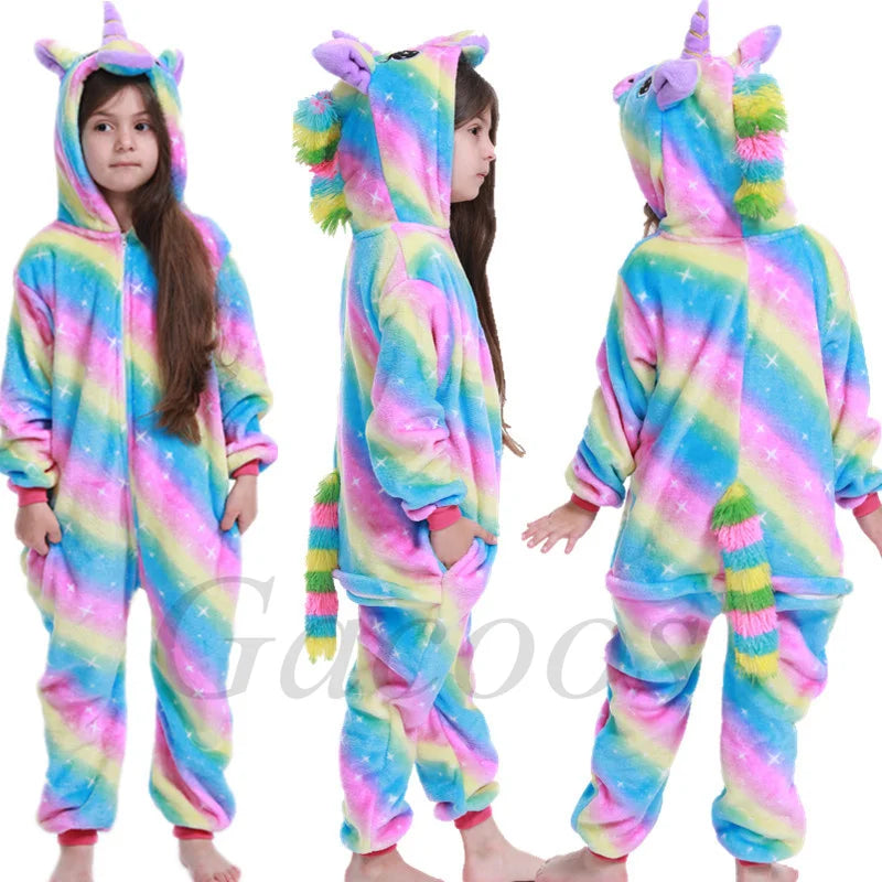 Kids Unicorn Animal Flannel Hooded Onesie Pajamas Warm Sleepwear Costume