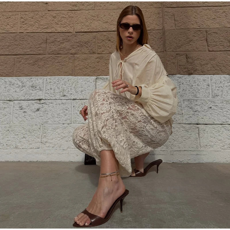 Bohemian Lace High Waist Wide Leg Pants for Women Loose Fit Lounge Trousers