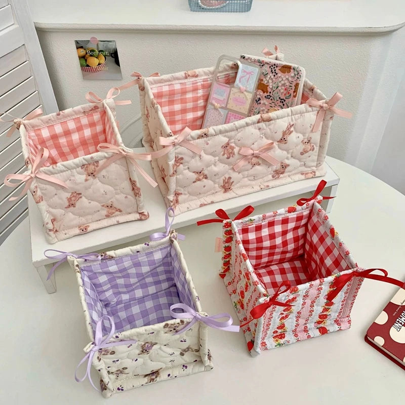 Lace Flower Quilted Square Storage Basket Desktop Organizer Home Decor Basket