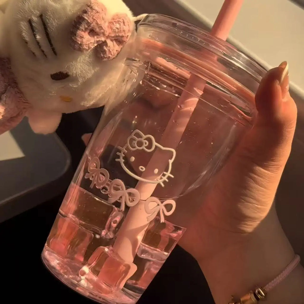 Hello Kitty Pink Straw Cup Large Capacity Transparent Water Bottle