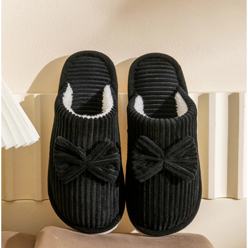 Cute Bow Slippers Women Cozy Plush Indoor Home Shoes Soft Warm Winter Slides