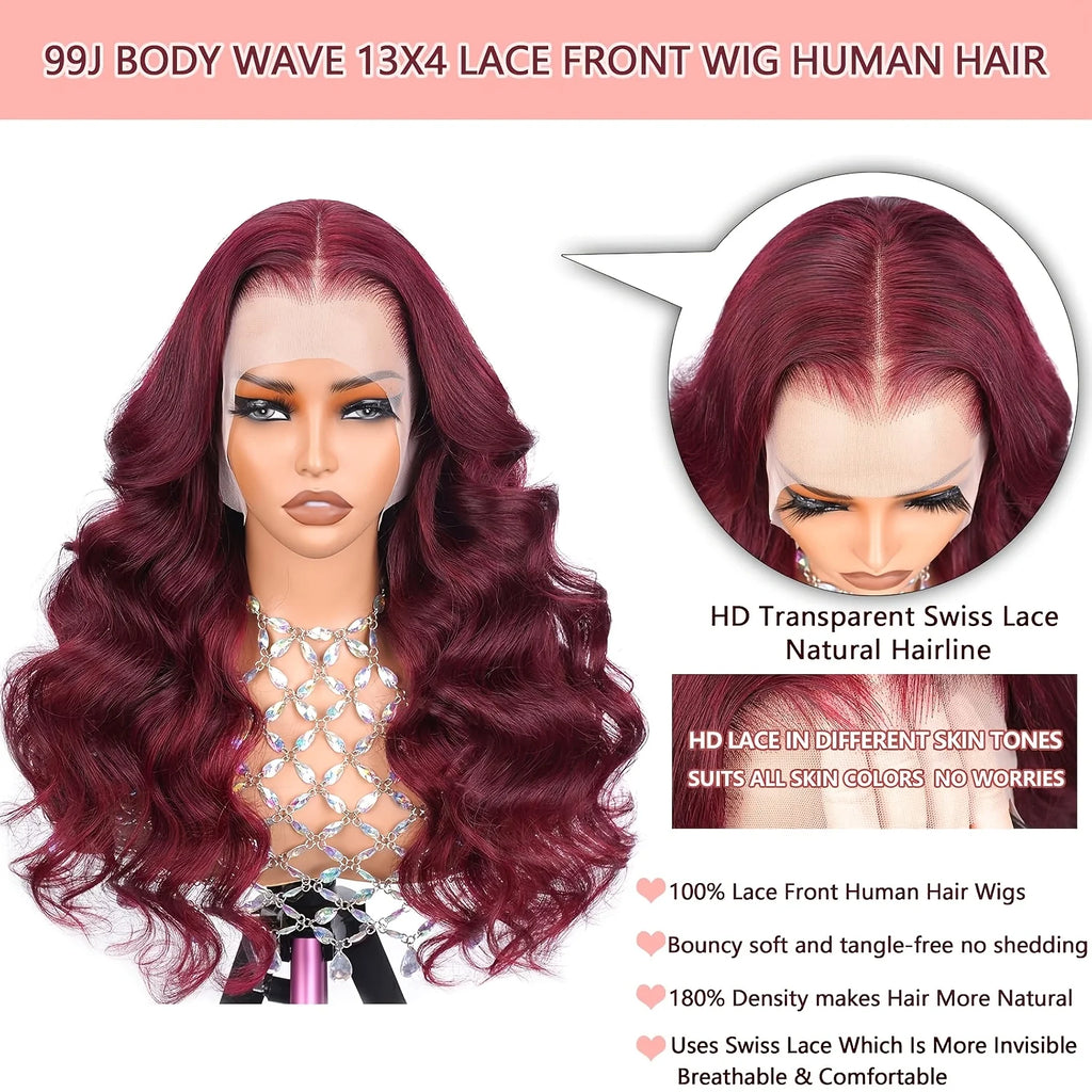 99J Burgundy Body Wave Wig – Long Red Wavy Lace Front Wig 250% Density