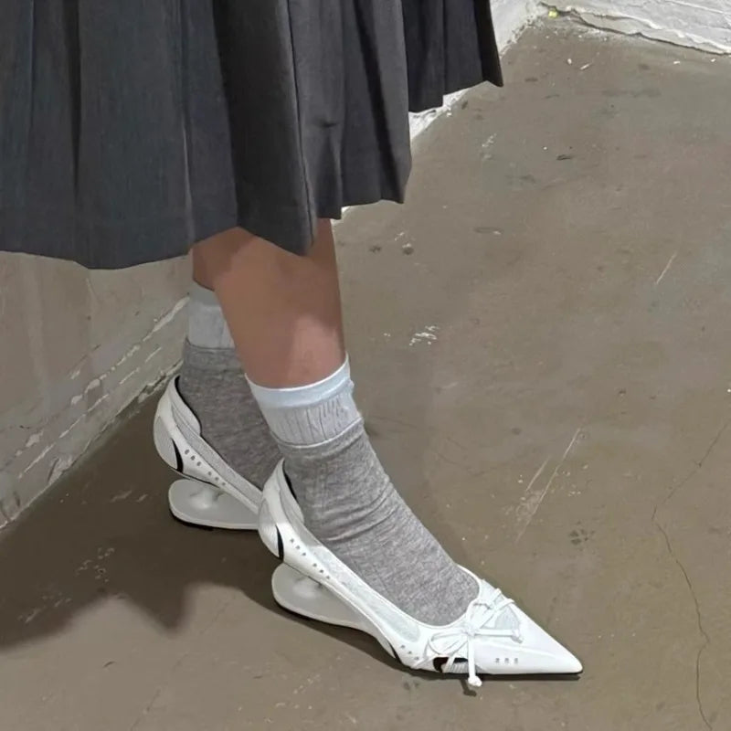 Women Pointed Toe Bow Mary Jane Heels Shallow Mouth Non Slip Fashion Pumps Large Size