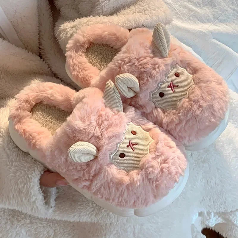 Winter Cartoon Plush Slippers Faux Fur Sheep Design Warm Indoor Couple Home Shoes