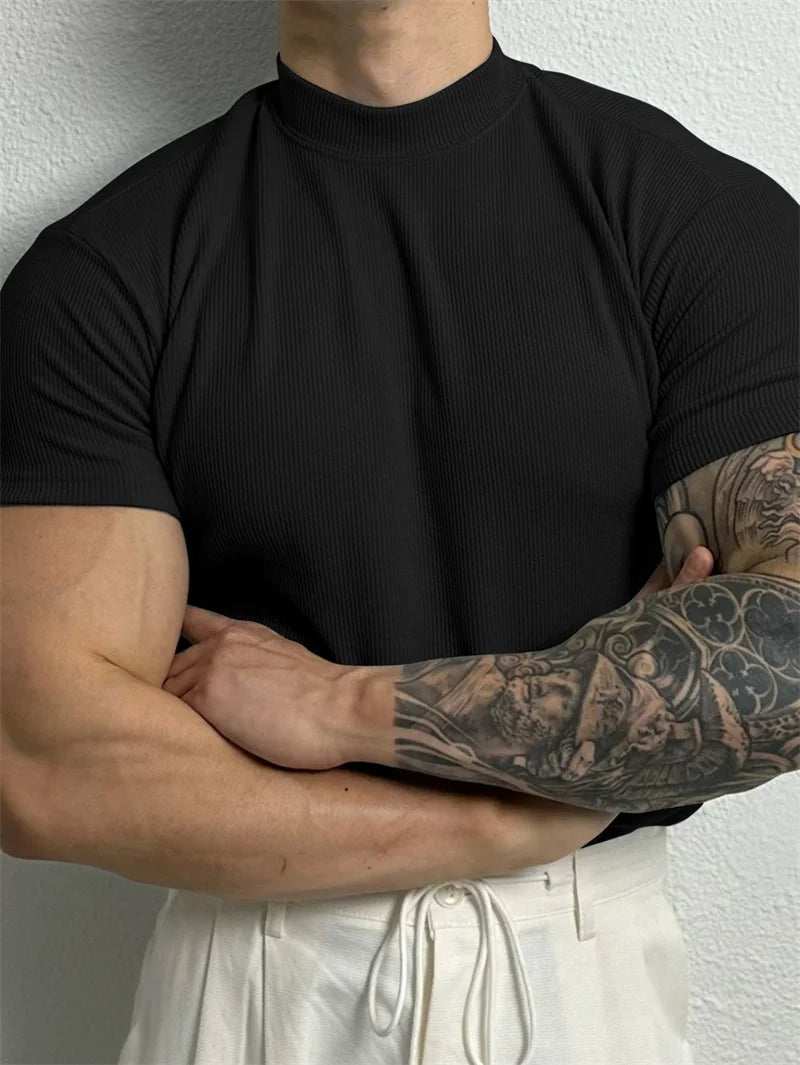 Men High Collar Stripe T Shirt Short Sleeve Summer Fitness Sport Casual Top