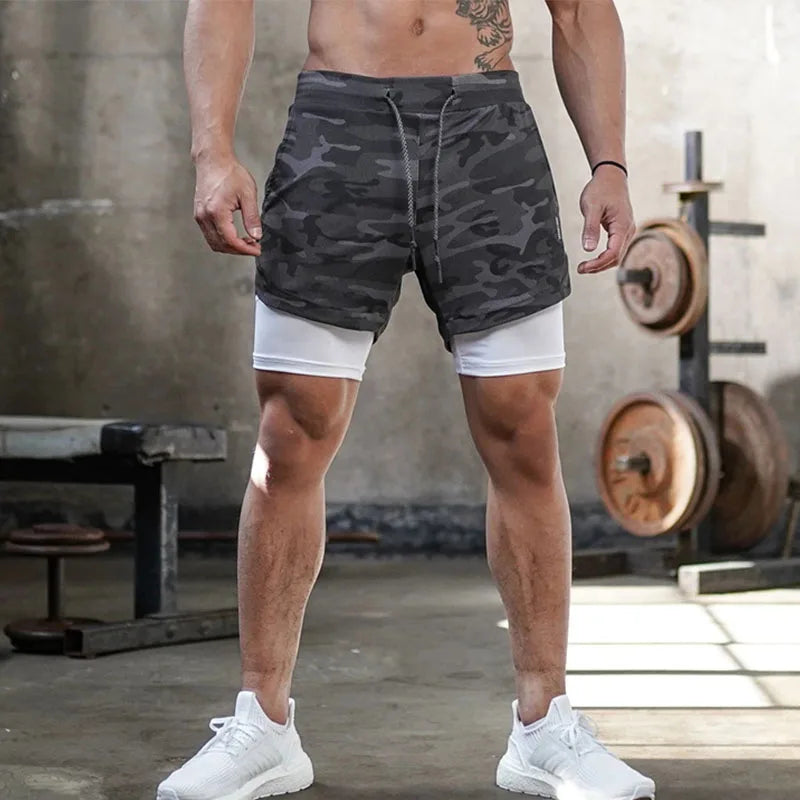 Men 2-in-1 Camouflage Running Shorts Quick Dry Gym Fitness Training Sports Shorts