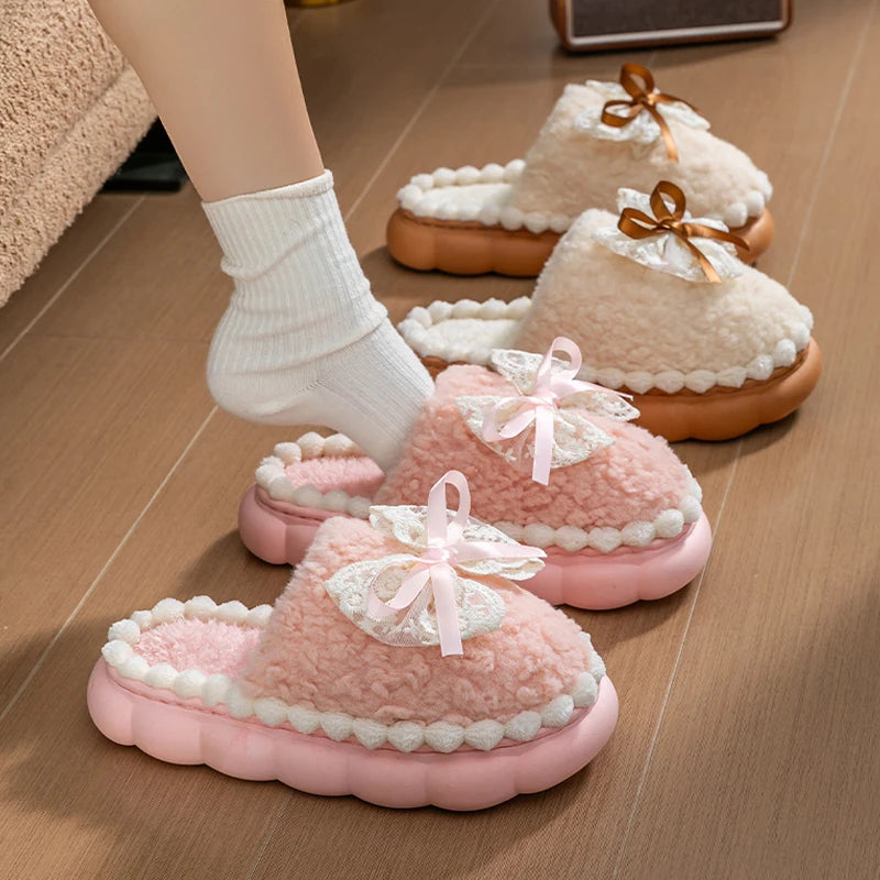Women Winter Fur Slippers Thick Sole Non Slip Plush Home Indoor Bow Warm Shoes