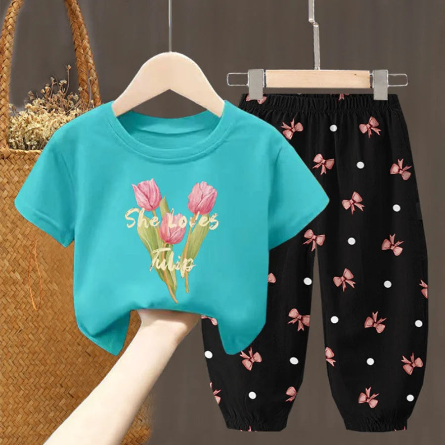 Toddler Girls Summer T-Shirt and Pants Set Cute Kids Two Piece Outfit
