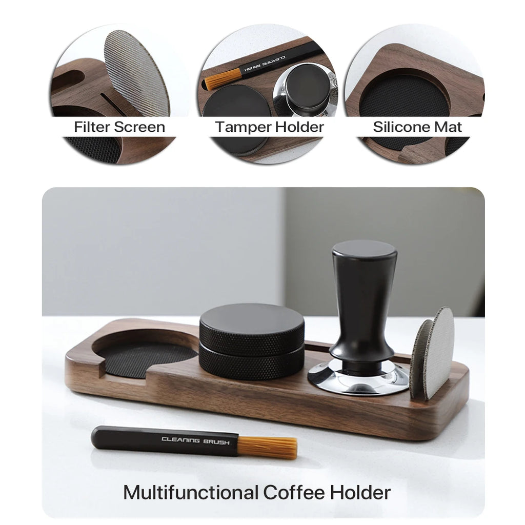 Espresso Tamper Mat Station Walnut Wood Portafilter Holder for 51 54 58mm