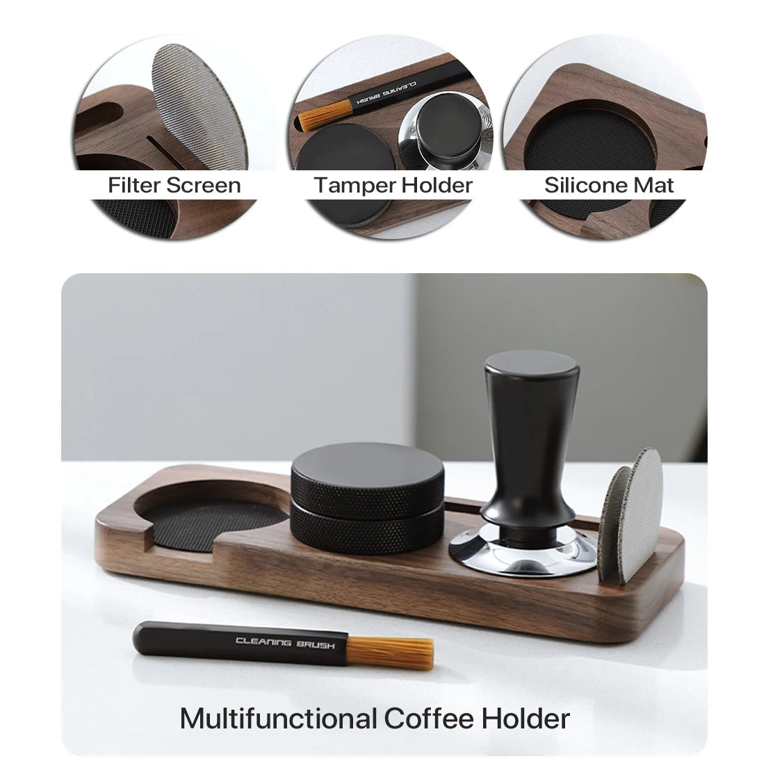 Espresso Tamper Mat Station Walnut Wood Portafilter Holder for 51 54 58mm