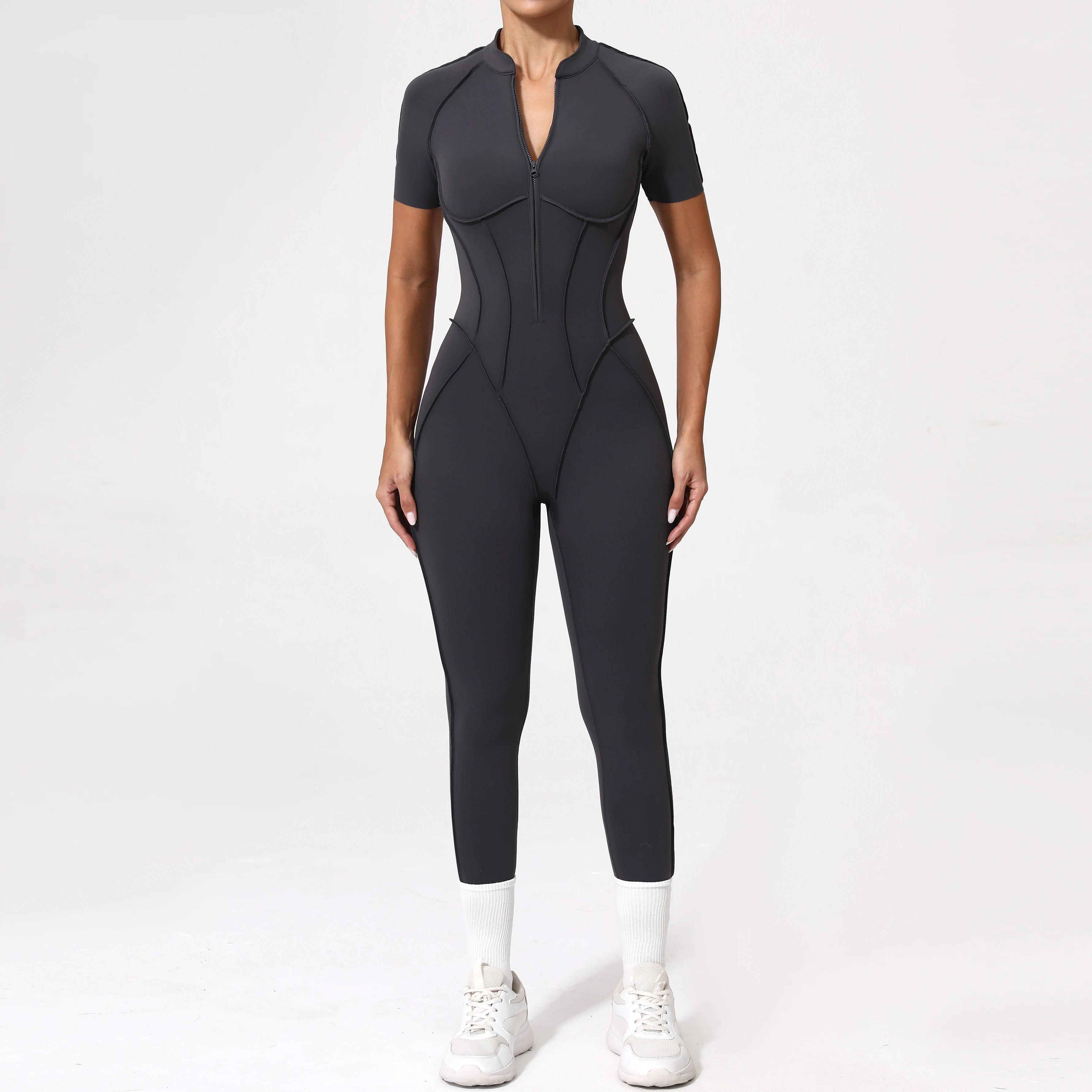 Women Backless Yoga Jumpsuit Zipper Gym Fitness Bodysuit Sportswear