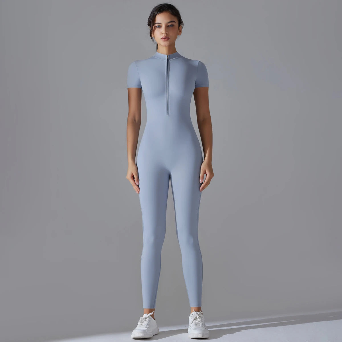 Women Zip Short Sleeve Yoga Jumpsuit Fitness Suit