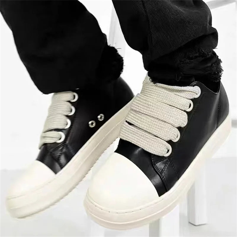 Unisex Black Leather Platform Sneakers Lace Up Zipper Casual Thick Sole Shoes 2025