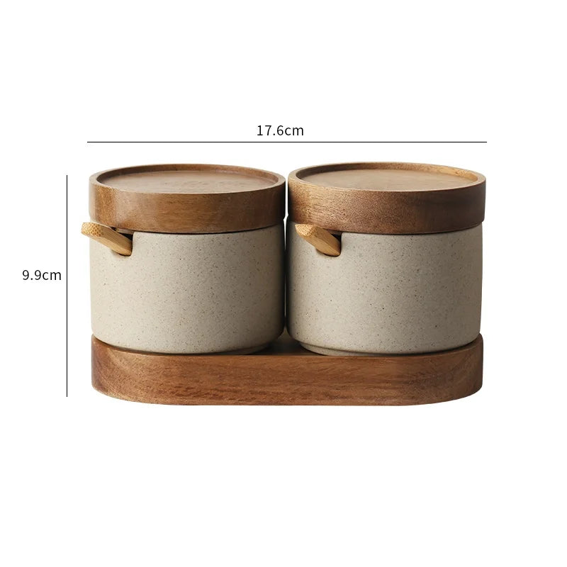 Ceramic Seasoning Jar with Bamboo Lid Spoon Japanese Spice Container Kitchen Storage