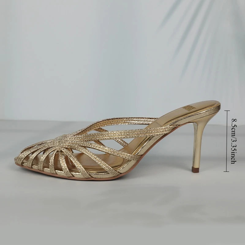 Gold Pointed Toe Mule Heels for Women Stiletto Sandals