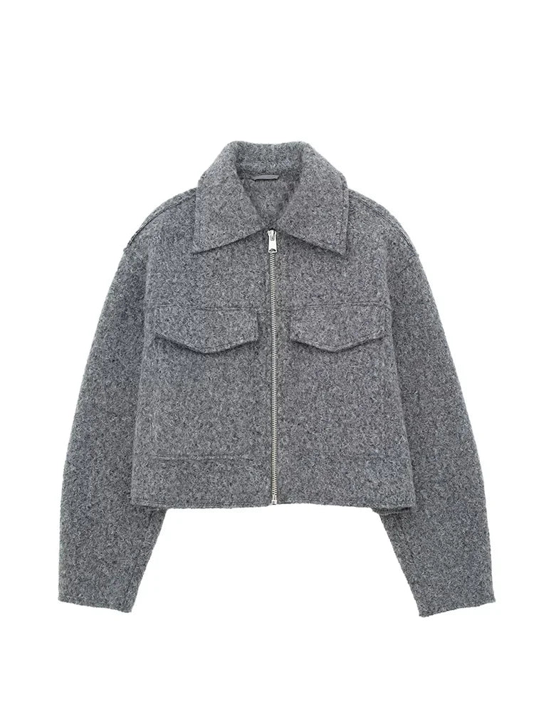 Women Grey Zip Up Jacket Vintage Lapel Long Sleeve Coat with Pockets