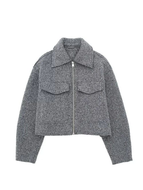 Women Grey Zip Up Jacket Vintage Lapel Long Sleeve Coat with Pockets