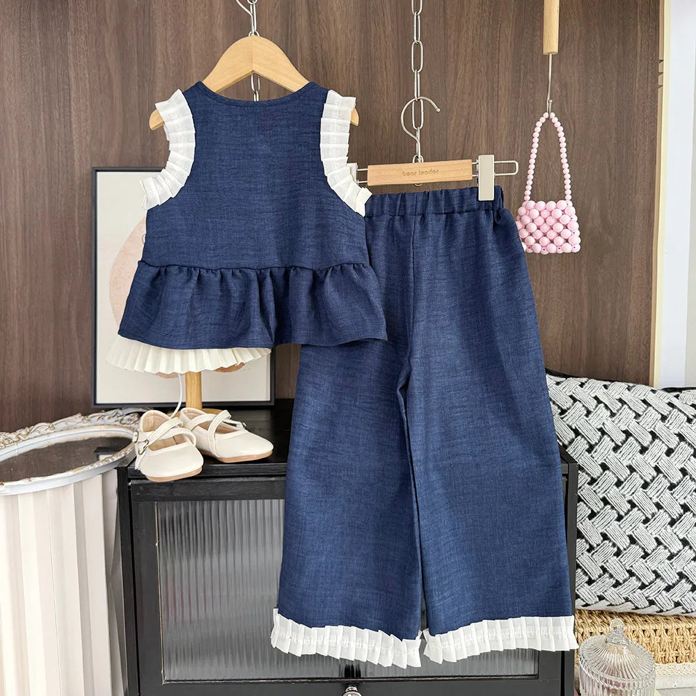 Girls Blue Denim Look Sleeveless Top and Wide Leg Pants Set