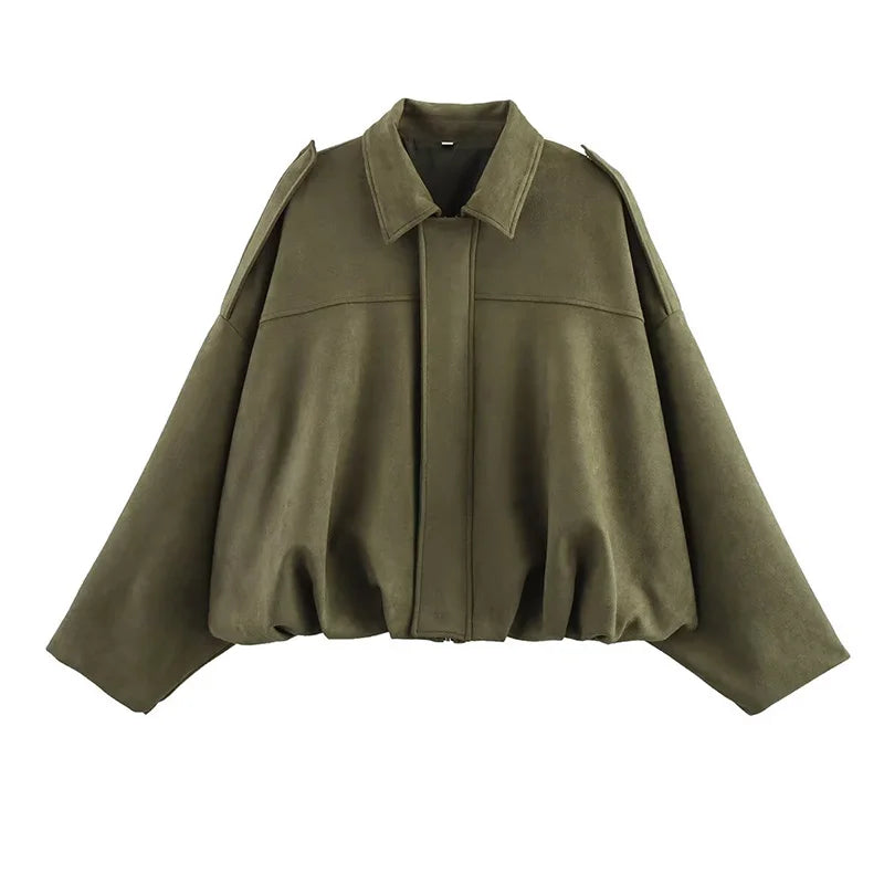Women Bomber Jacket Vintage Turn Down Collar Loose Fit Coat Chic Outerwear